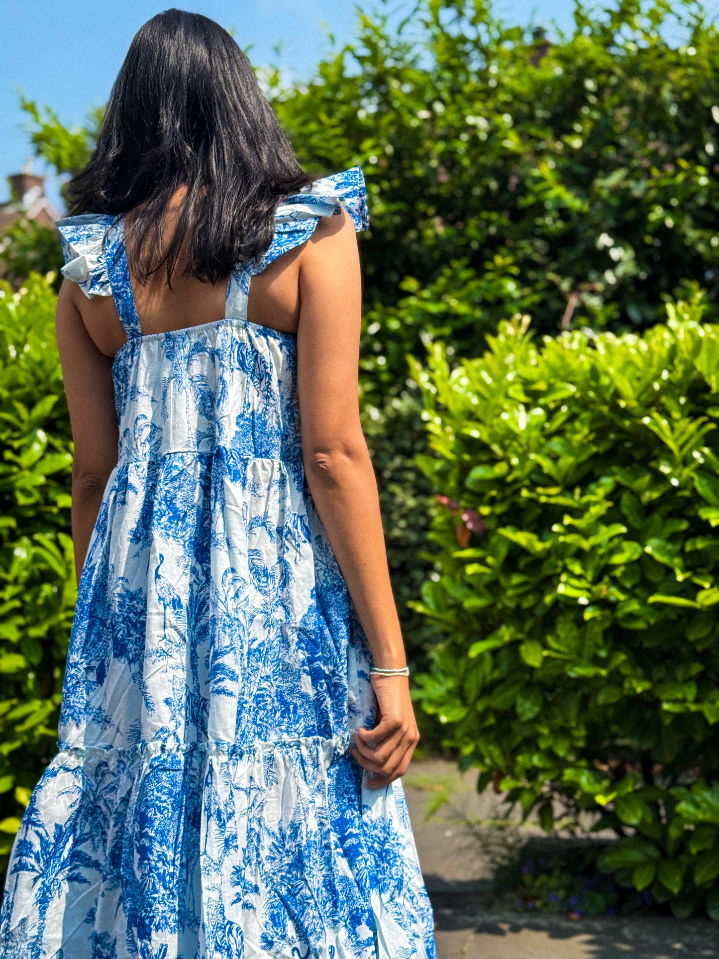 Blue Whisper Handblock Cotton Maxi Dress
