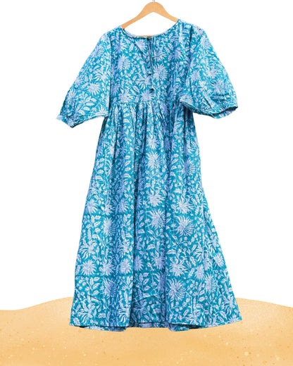 Goa Collection- Aqua Bloom Handblock Dress