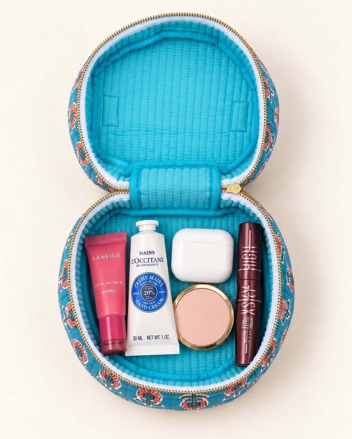 Azure Bloom – Hand Block Printed Quilted Toiletry Bag