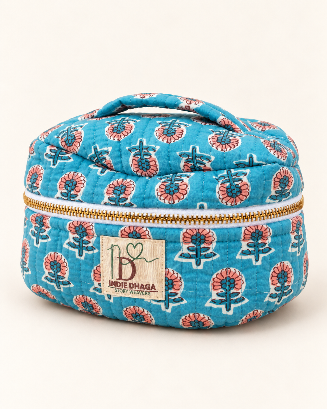 Azure Bloom – Hand Block Printed Quilted Toiletry Bag