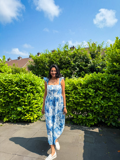Blue Whisper Handblock Cotton Maxi Dress