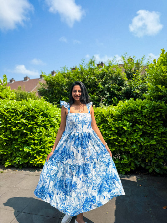 Blue Whisper Handblock Cotton Maxi Dress