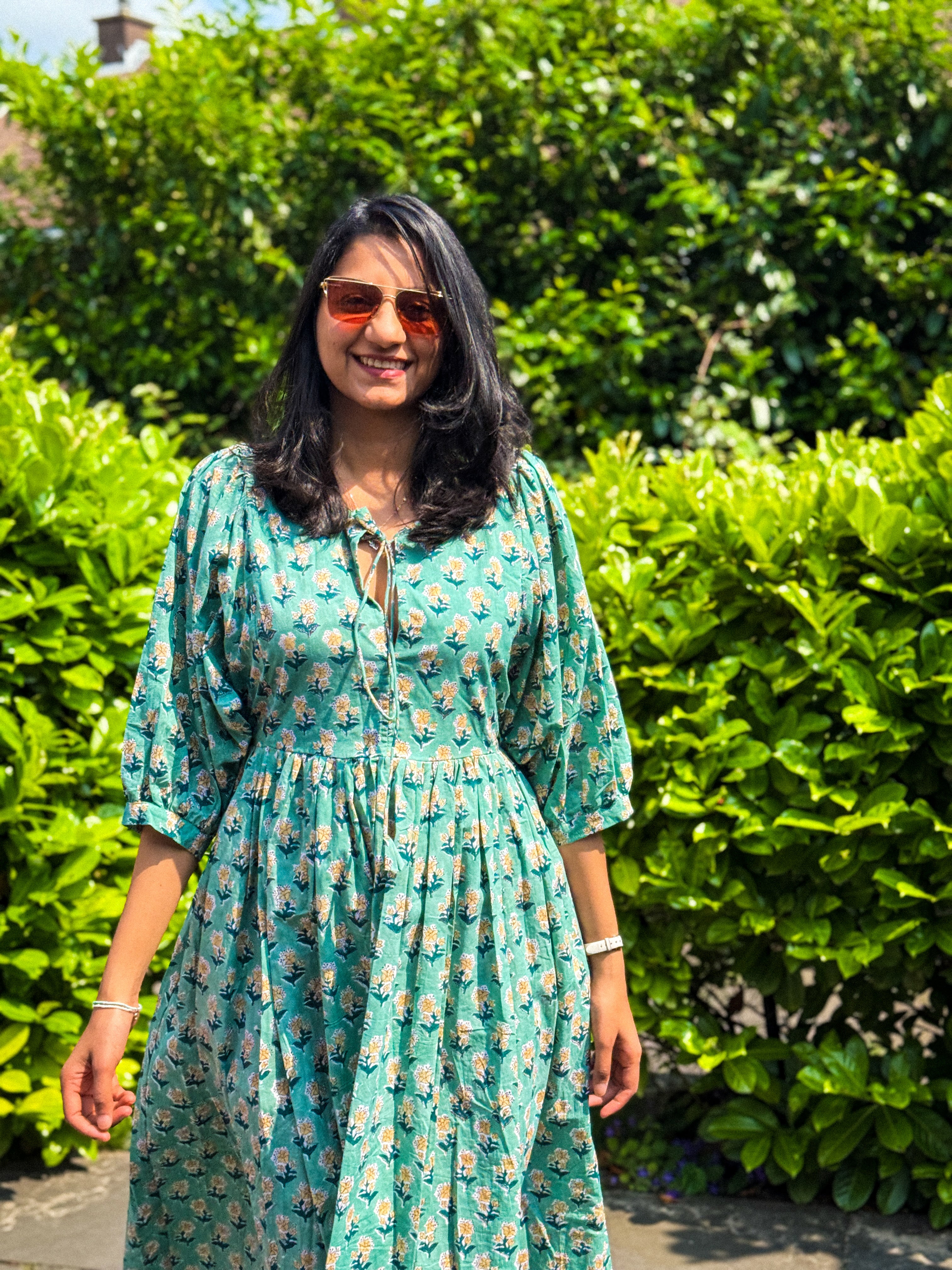 Palm Green Hand block Printed Dress