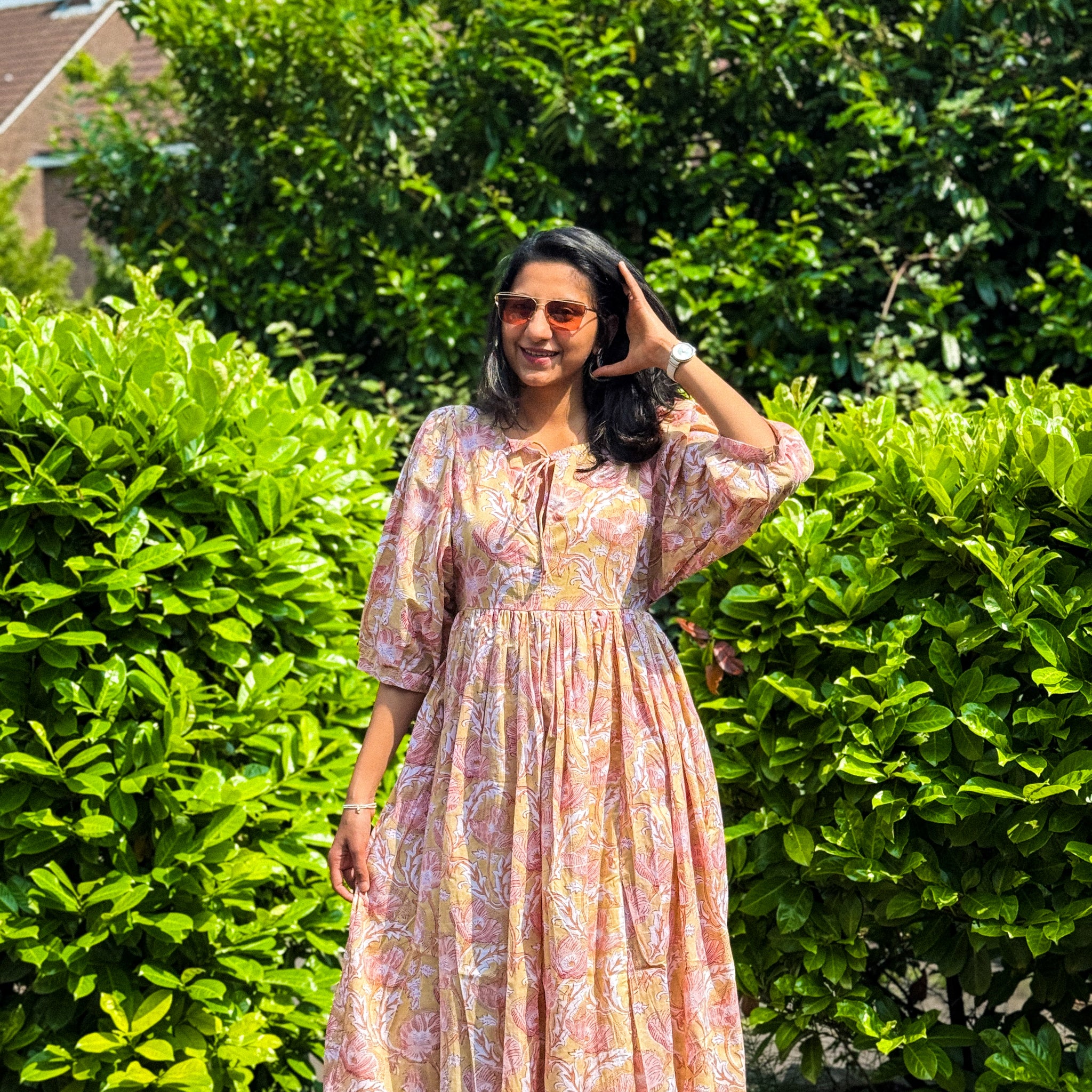 Rosé Dawn Block Print Midi Dress