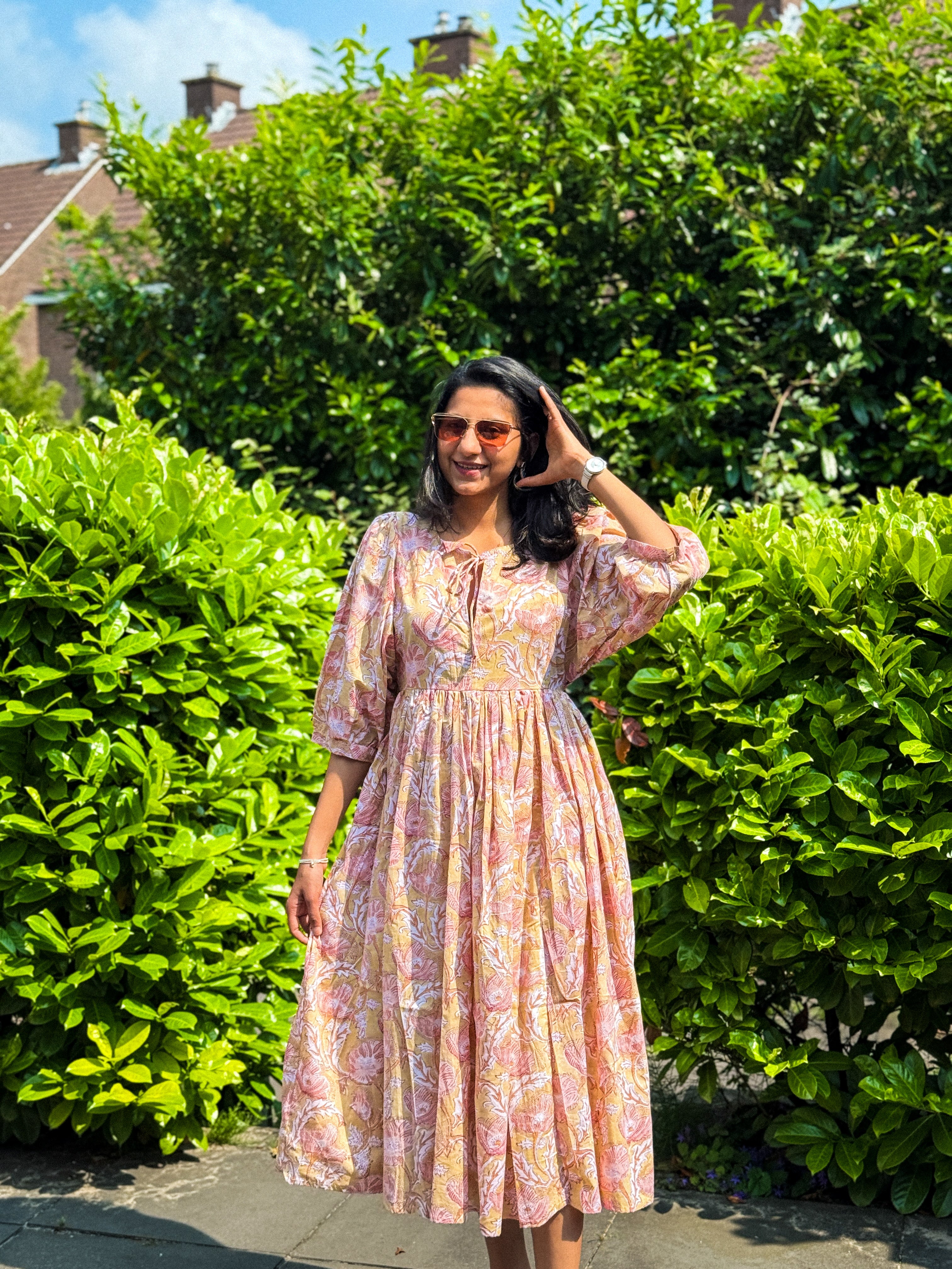 Rosé Dawn Block Print Midi Dress