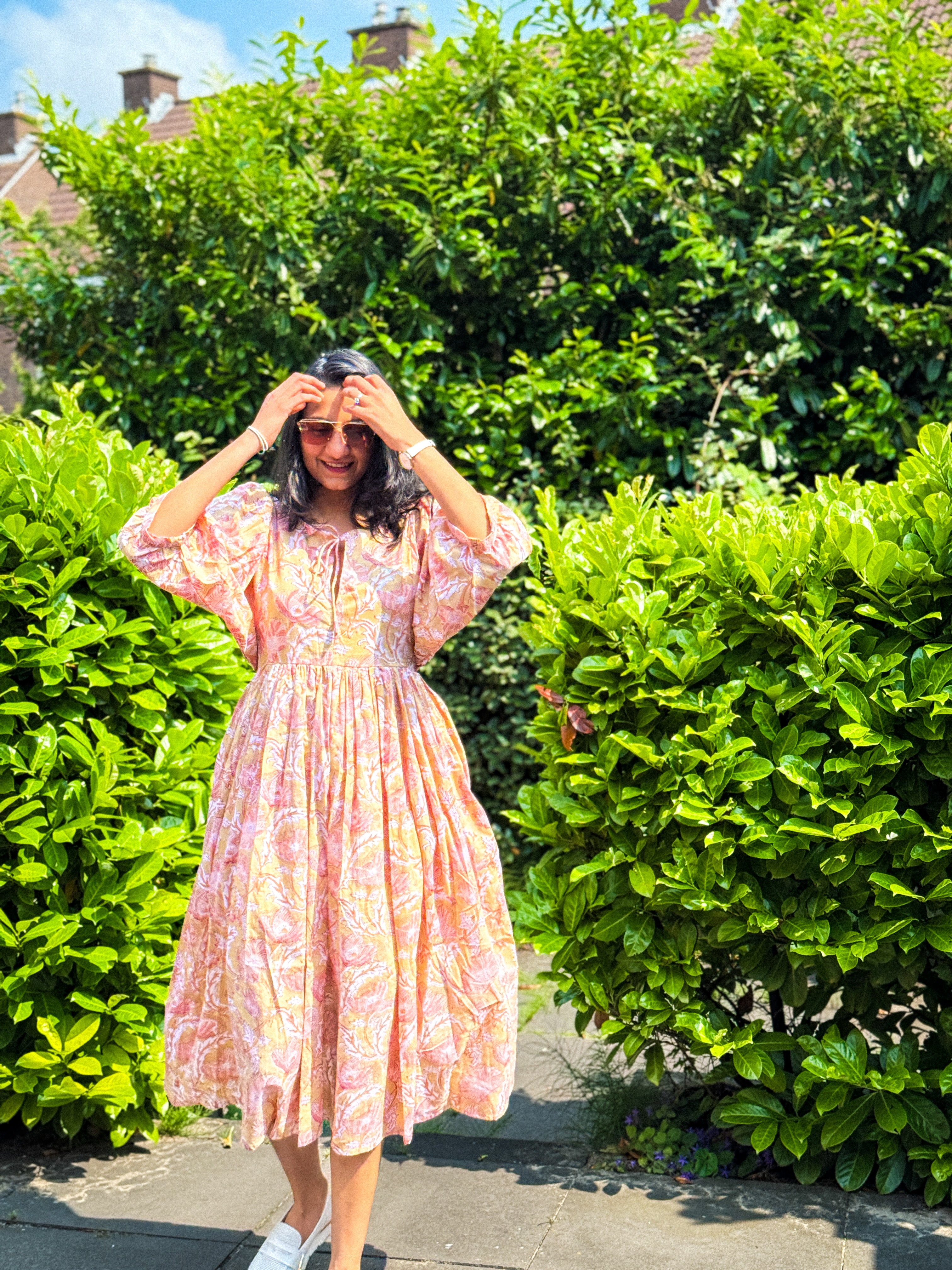 Rosé Dawn Block Print Midi Dress