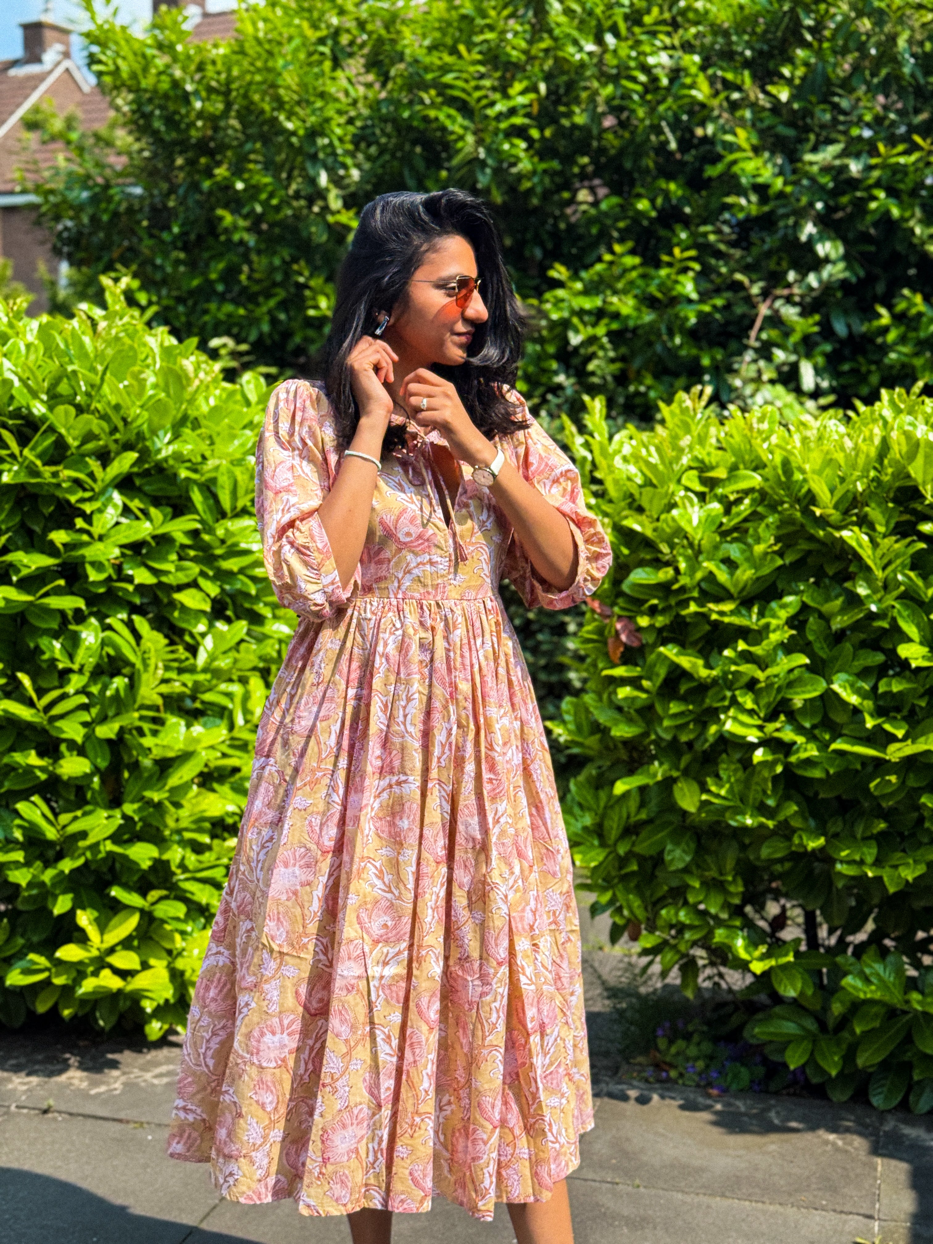 Rosé Dawn Block Print Midi Dress