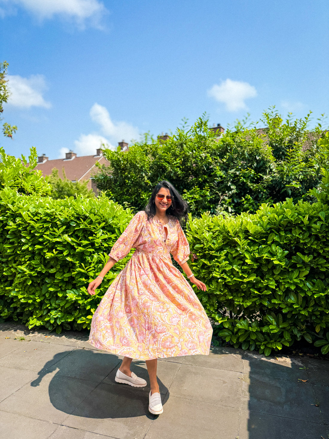 Rosé Dawn Block Print Midi Dress