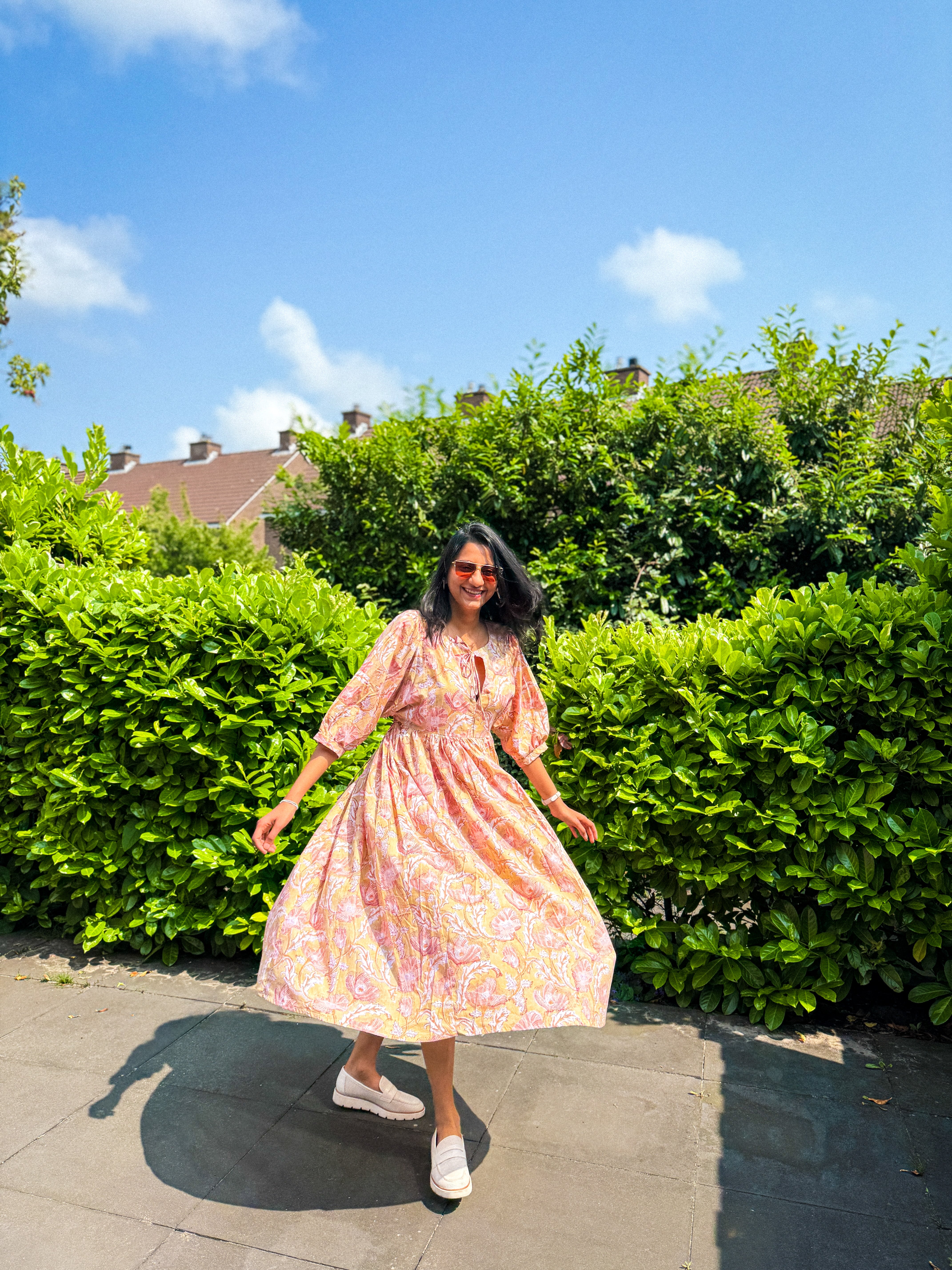Rosé Dawn Block Print Midi Dress
