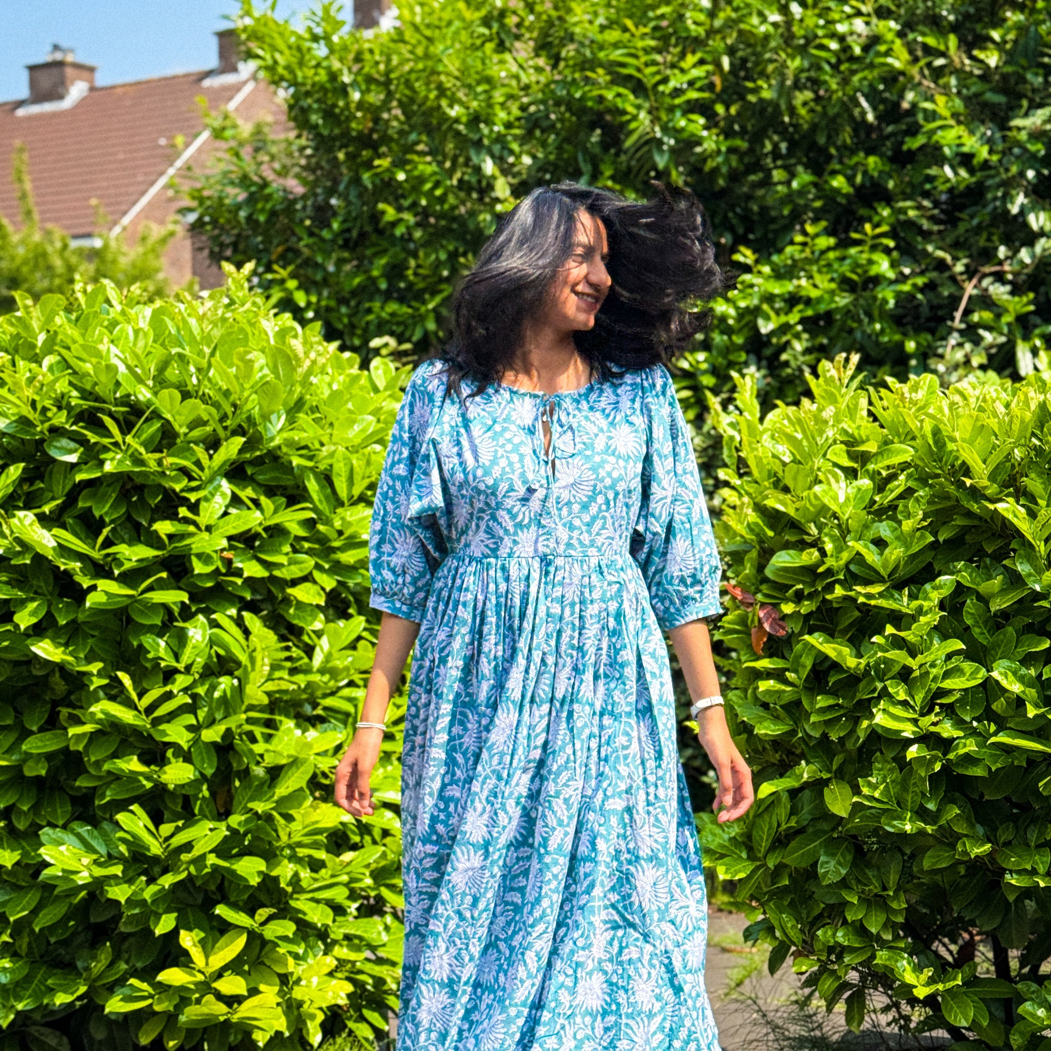 Aqua Bloom Handblock Print Dress