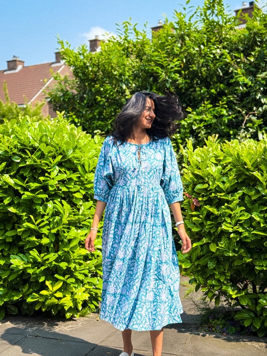 Goa Collection- Aqua Bloom Handblock Dress