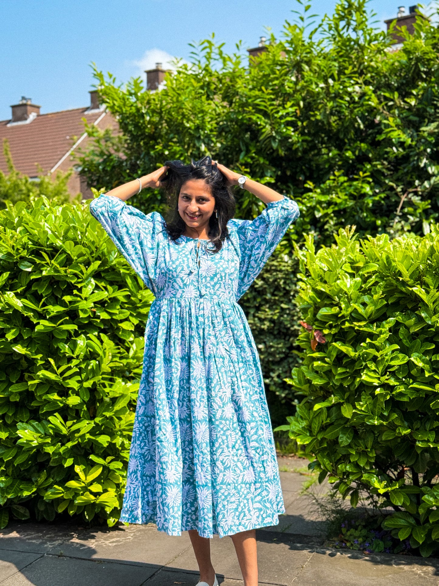 Goa Collection- Aqua Bloom Handblock Dress