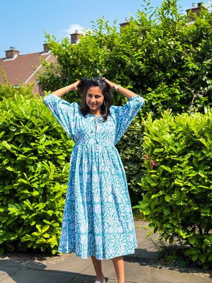 Goa Collection- Aqua Bloom Handblock Dress