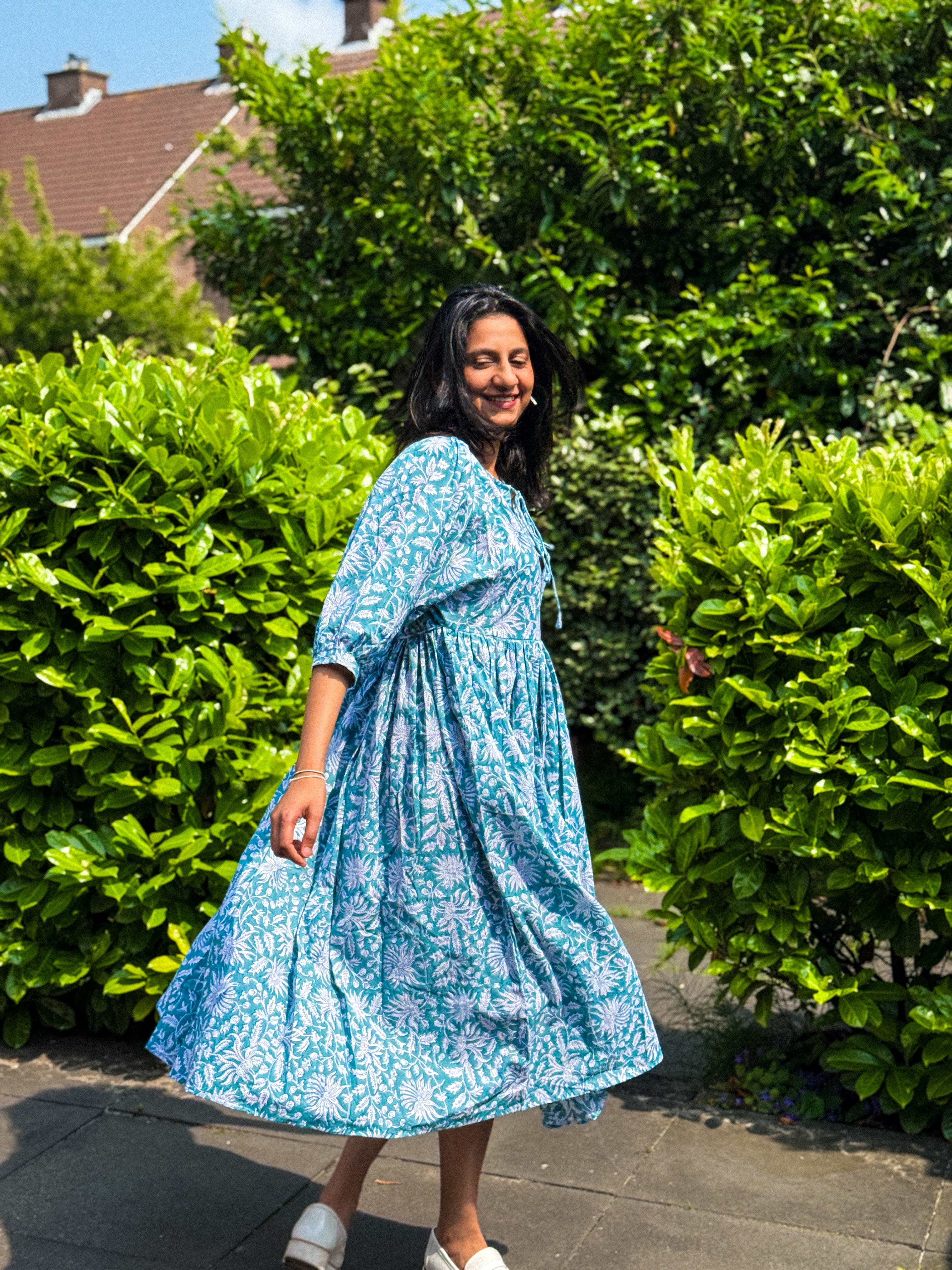 Aqua Bloom Handblock Print Dress