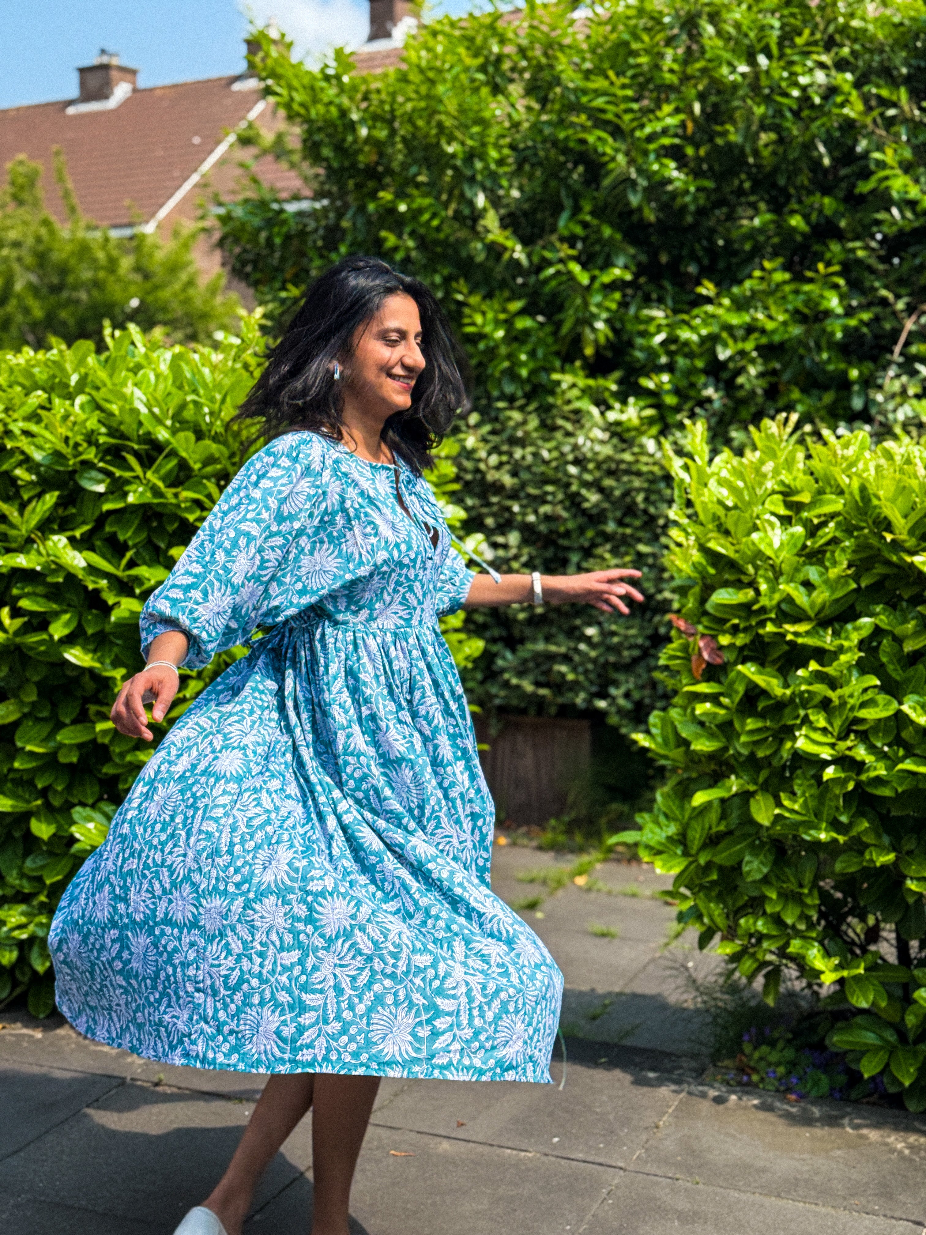 Aqua Bloom Handblock Print Dress