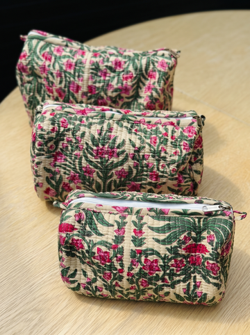 Bloom Trail- Hand Block Printed Quilted Kit Bag Set of 3