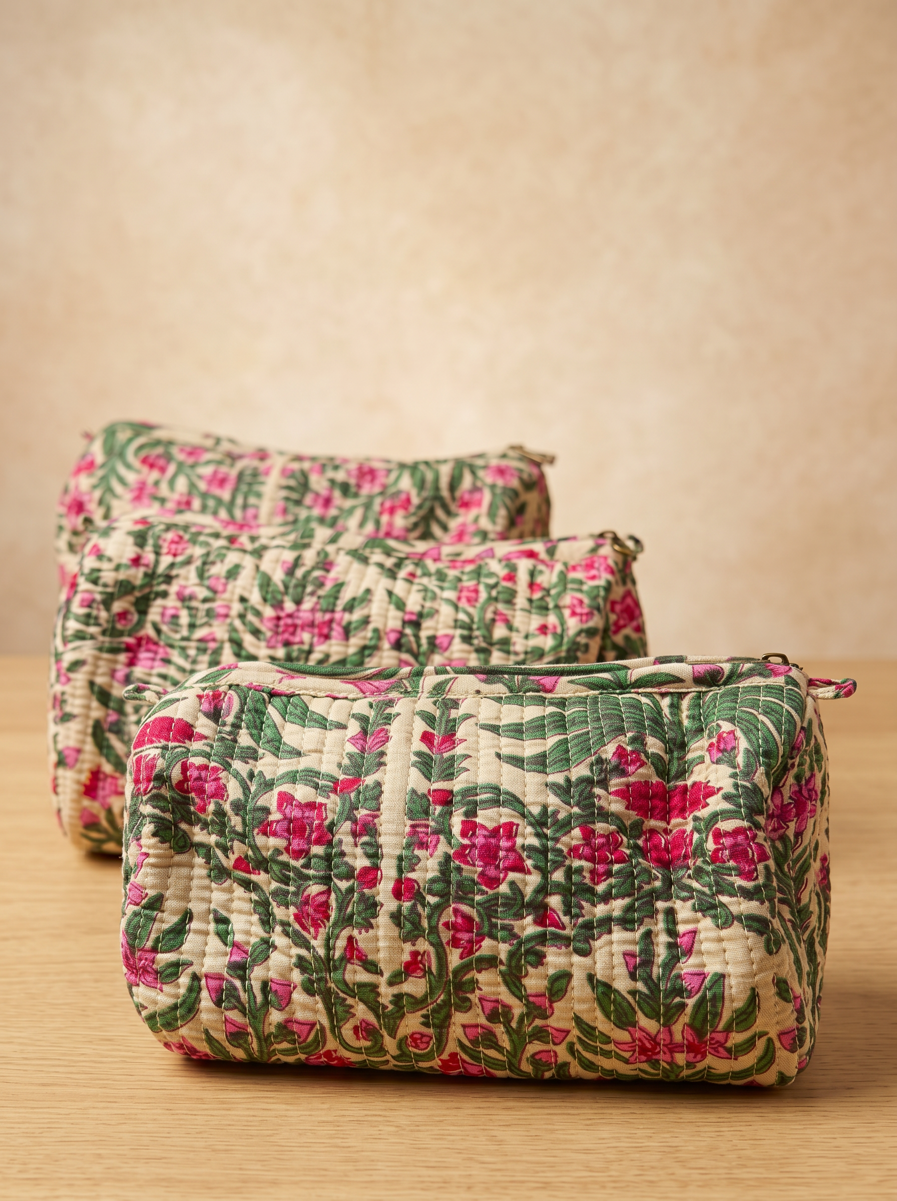 Bloom Trail- Hand Block Printed Quilted Kit Bag Set of 3