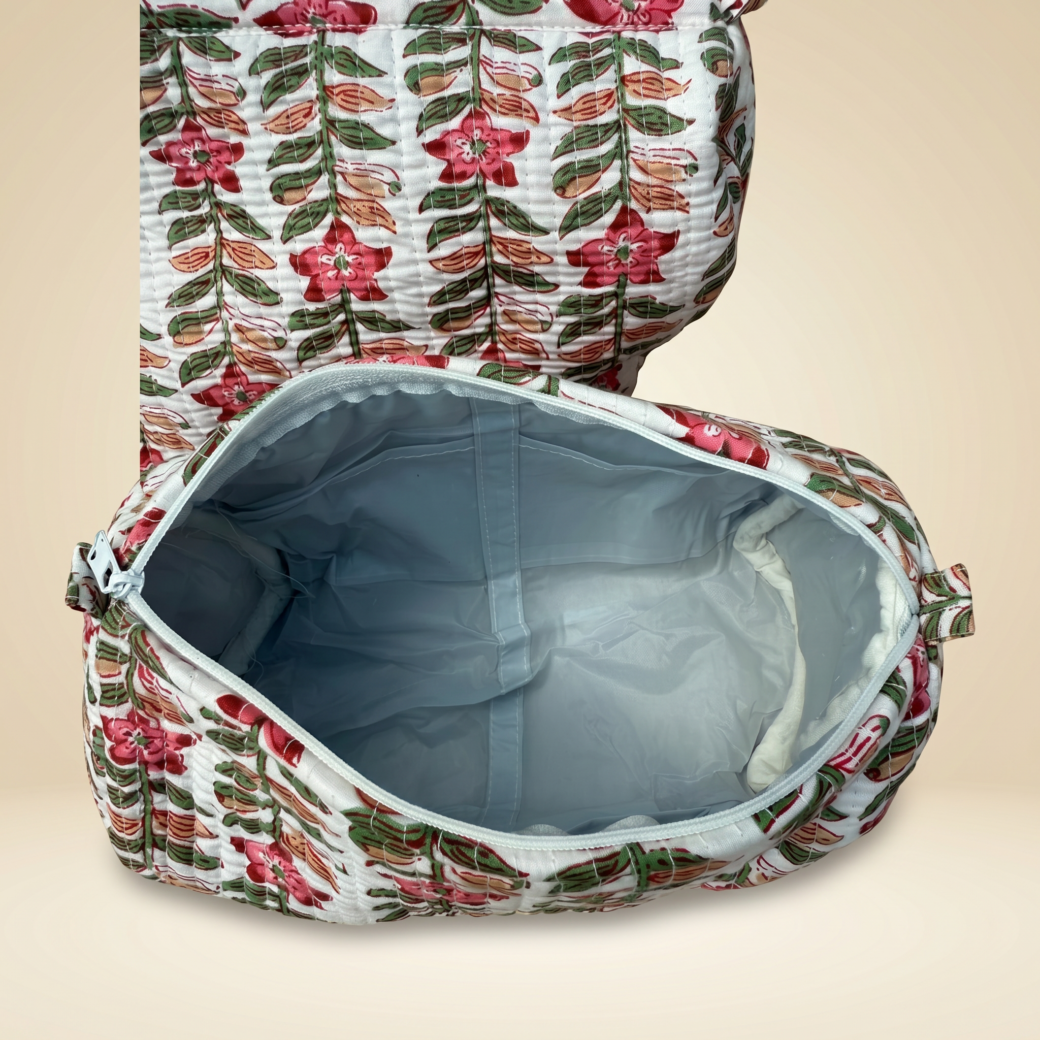 Blush Leaf- Hand Block Printed Quilted Kit Bag Set of 3