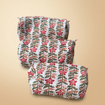 Blush Leaf- Hand Block Printed Quilted Kit Bag Set of 3