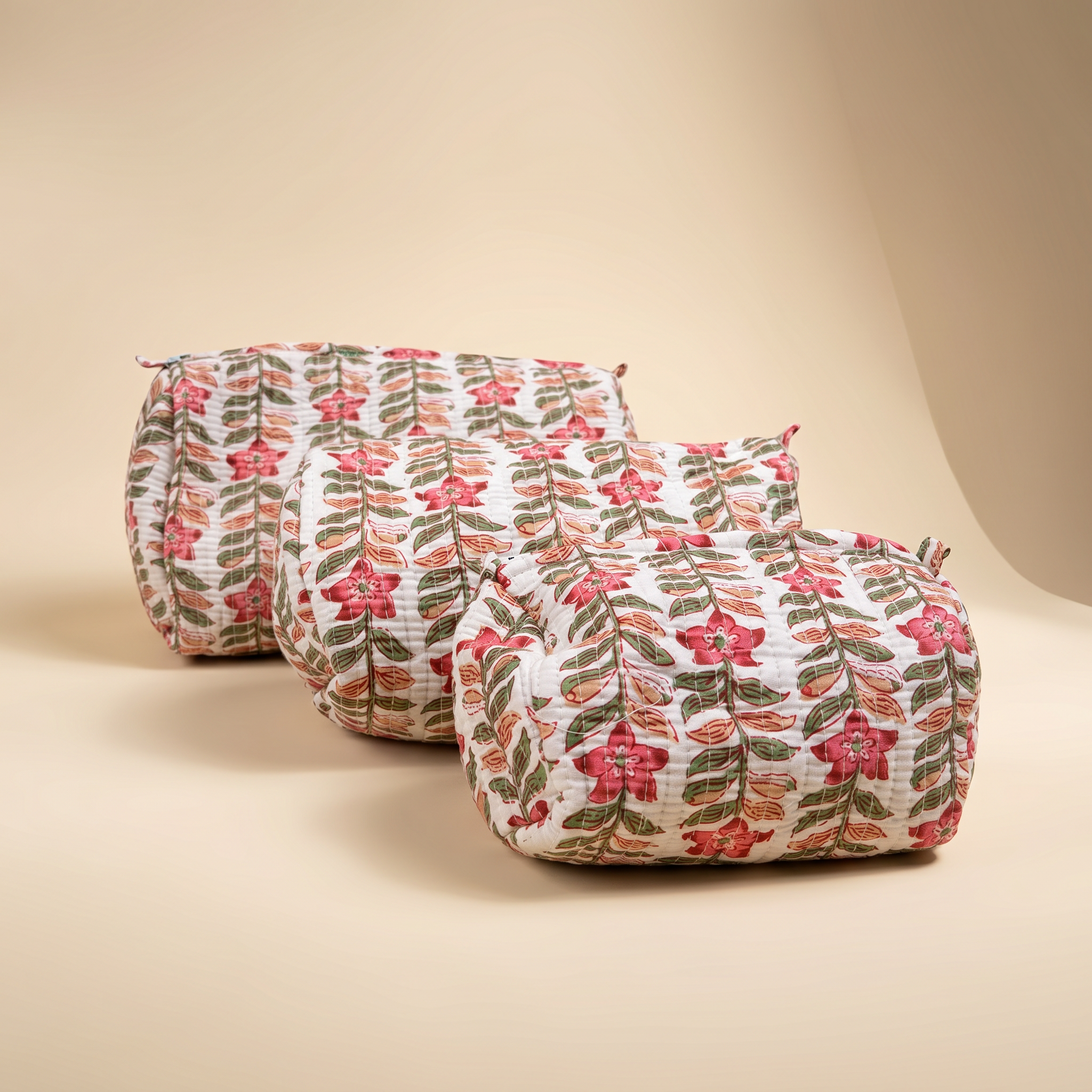 Blush Leaf- Hand Block Printed Quilted Kit Bag Set of 3