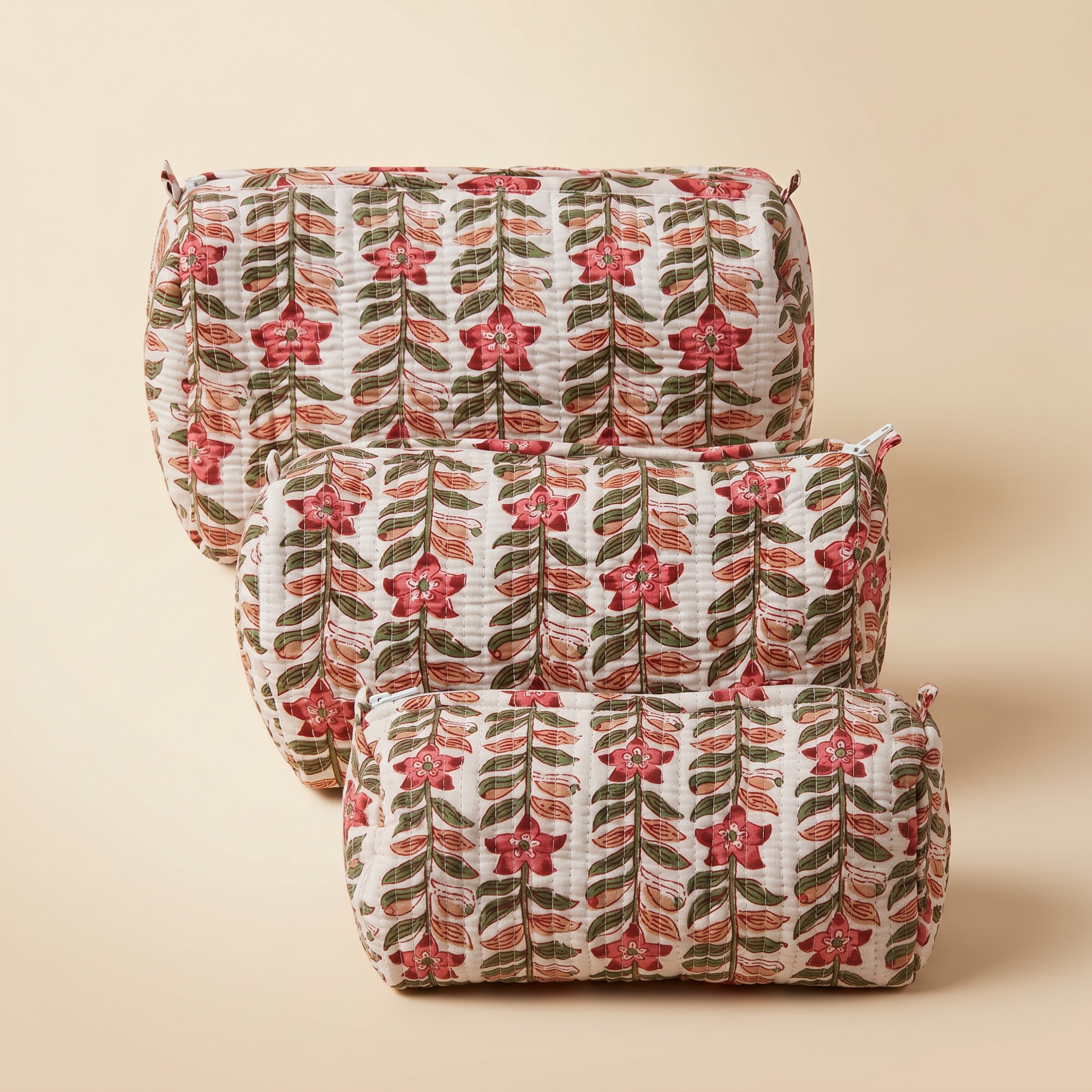 Blush Leaf- Hand Block Printed Quilted Kit Bag Set of 3