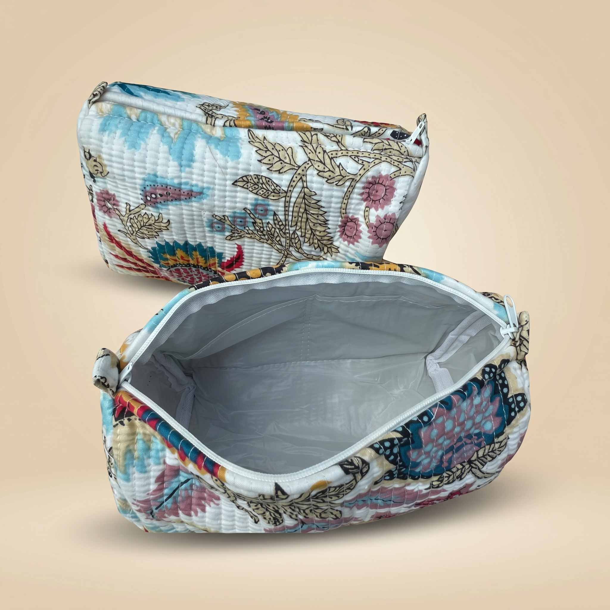Azure Bloom- Hand Block Printed Quilted Kit Bag Set of 3