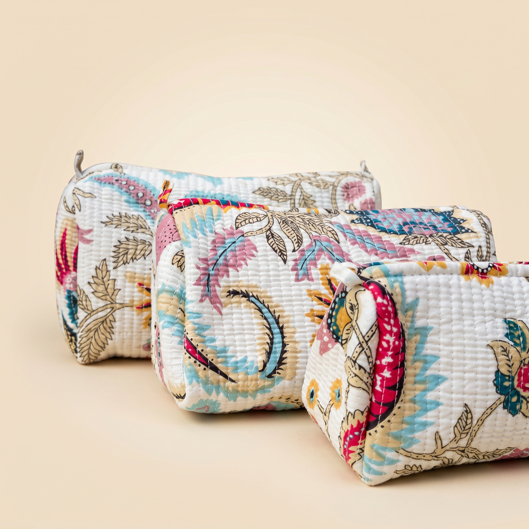 Azure Bloom- Hand Block Printed Quilted Kit Bag Set of 3
