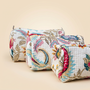 Azure Bloom- Hand Block Printed Quilted Kit Bag Set of 3