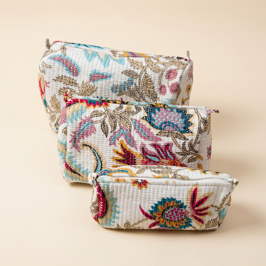 Azure Bloom- Hand Block Printed Quilted Kit Bag Set of 3