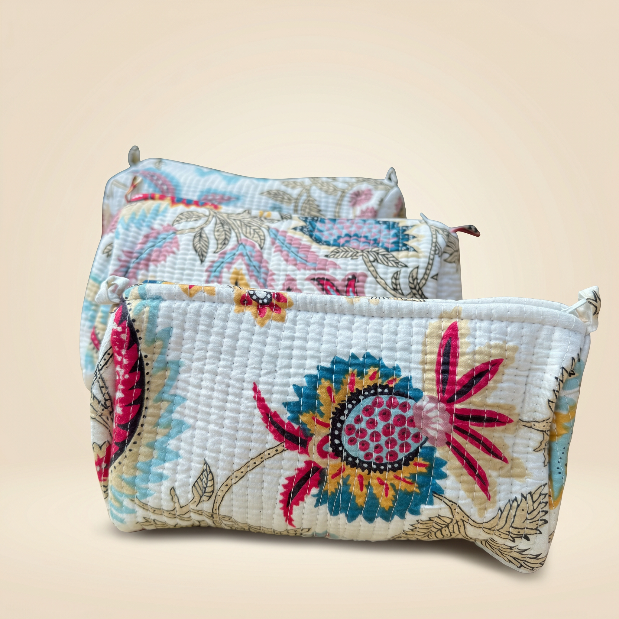 Azure Bloom- Hand Block Printed Quilted Kit Bag Set of 3