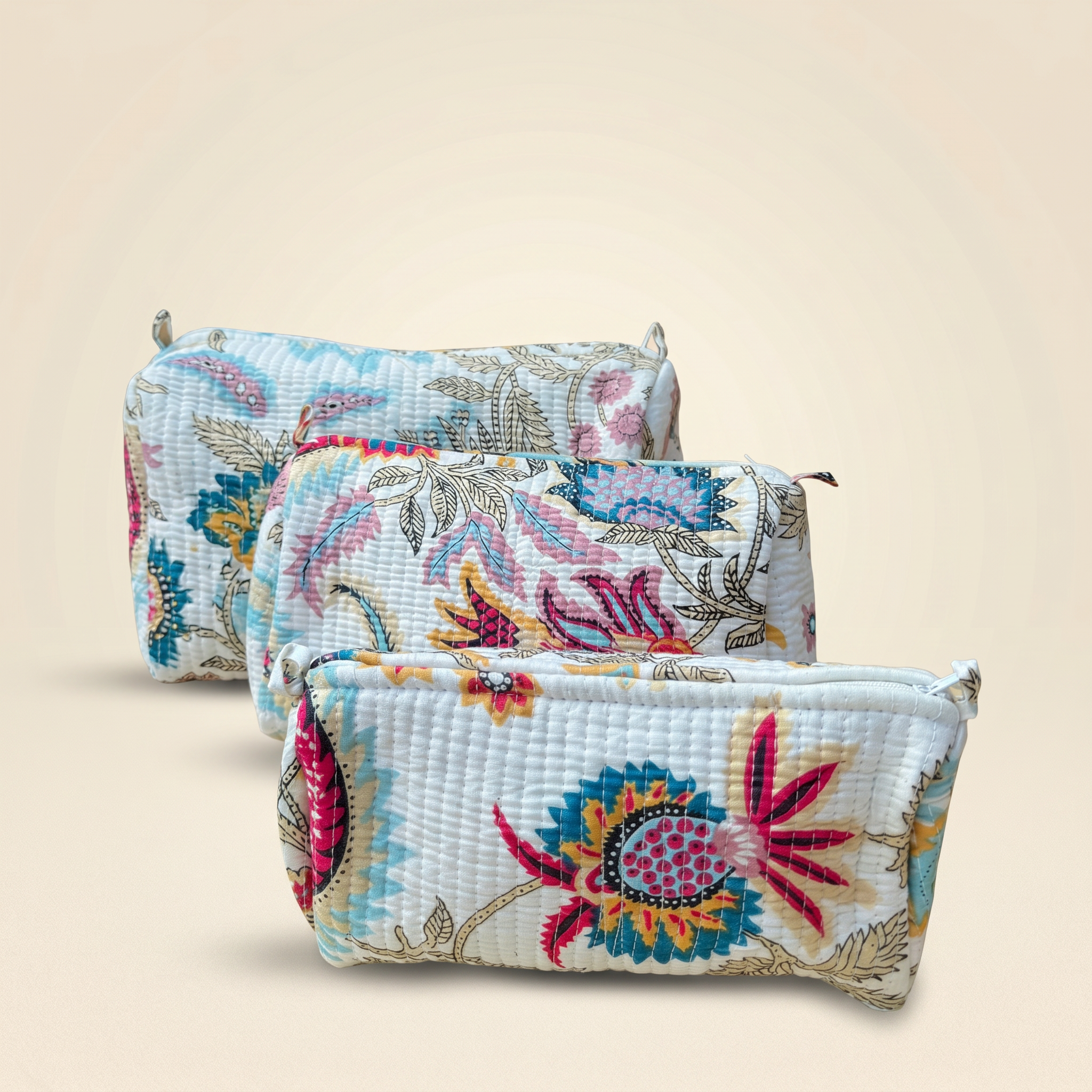 Azure Bloom- Hand Block Printed Quilted Kit Bag Set of 3