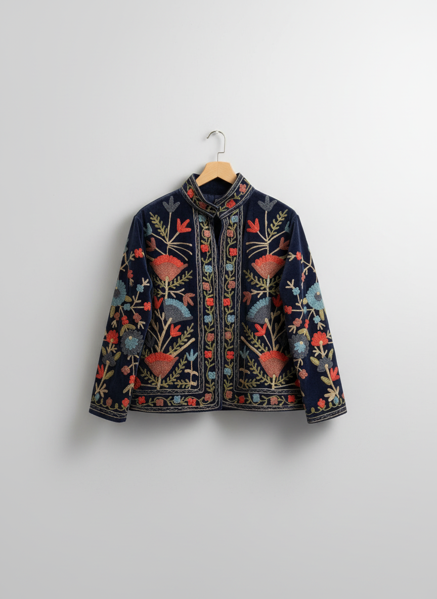 Sapphire Bloom Embroidered Jacket, Free Size