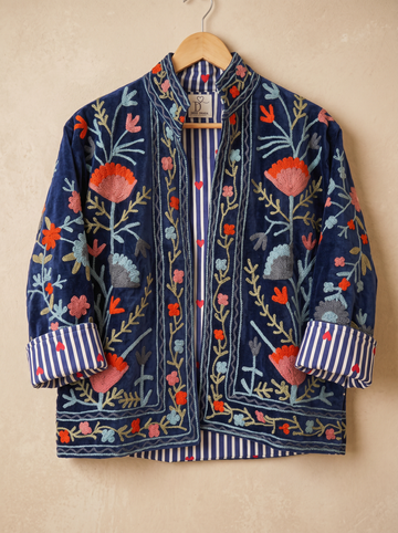 Sapphire Bloom Embroidered Jacket, Free Size