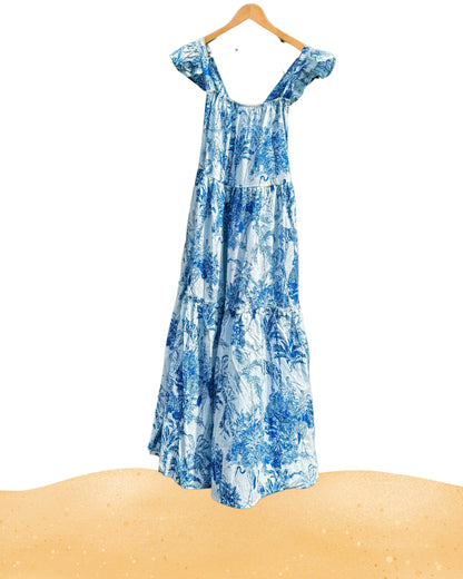 Blue Whisper Handblock Cotton Maxi Dress